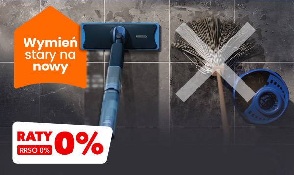 Mop z niebieskimi elementami oraz przekre?lony tradycyjny mop na tle ciemnych p?ytek. Obok widnieje pomara?czowy kszta?t z napisem: Wymie? stary na nowy oraz prostok?t napisem: Raty 0% RRSO 0%.