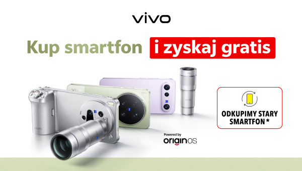 Logo vivo znajduje się na górze, poniżej widnieje napis Kup smartfon i zyskaj gratis z wyróżnionym na czerwono fragmentem. Na środku znajdują się trzy smartfony z dużymi obiektywami, a obok nich tekst ODKUPIMY STARY SMARTFON * oraz napis Powered by originOS.