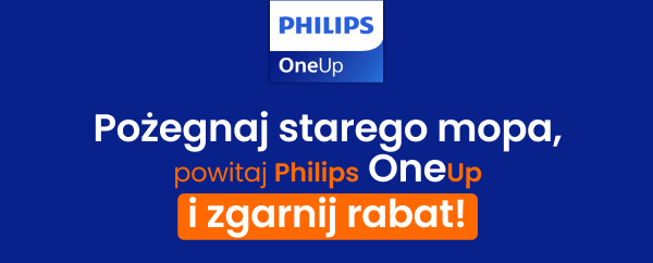 Napis: Po?egnaj starego mopa, powitaj Philips OneUp i zgarnij rabat!. W g?rnej cz?ci znajduje si? logo Philips OneUp.